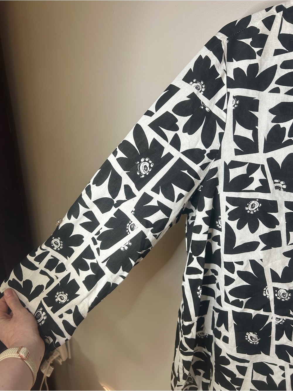 Vintage Hot Cotton Linen Geo Floral Tunic Lagenlook Art Wear USA Black White 1X - Picture 5 of 16